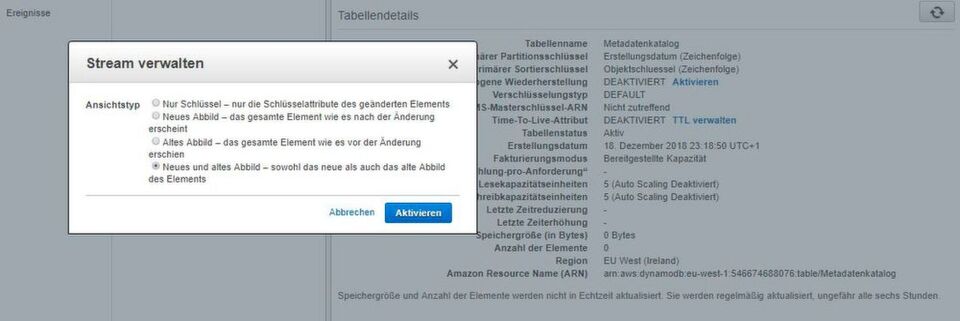 Über einen Stream erhält DynamoDB die Informationen über jede Änderung an den Datenelementen der Tabelle. Über einen Stream erhält DynamoDB die Informationen über jede Änderung an den Datenelementen der Tabelle.