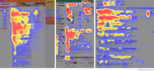 Bei textbasierten Webseiten folgt der Blickverlauf einem F-Muster. (Visualisierung: dunkle Bereiche symbolisieren eine längere Fixationsdauer) Bei textbasierten Webseiten folgt der Blickverlauf einem F-Muster. (Visualisierung: dunkle Bereiche symbolisieren eine längere Fixationsdauer)