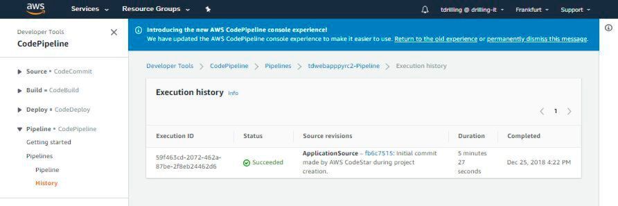 Die Pipeline-Historie zeigt eine Reihe von „Execution IDs“ an. Die Pipeline-Historie zeigt eine Reihe von „Execution IDs“ an.