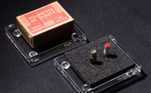 Der Transistor mit der Nummer 9 (li.) und der erste Nachbau der Firma Siemens vor der Streichholzschachtel, in der das Bell-Laboratories-Original jahrzehntelang aufbewahrt war. Der Transistor mit der Nummer 9 (li.) und der erste Nachbau der Firma Siemens vor der Streichholzschachtel, in der das Bell-Laboratories-Original jahrzehntelang aufbewahrt war.