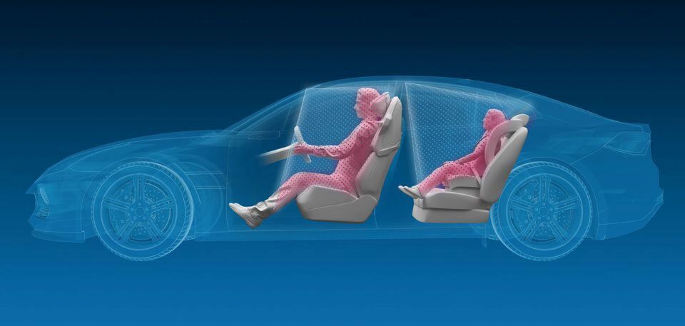 Die 3D-Innenraumkamera scannt die Passagiere, registriert ständig deren Größe, Sitzposition, Körperhaltung und Blickrichtung. Die 3D-Innenraumkamera scannt die Passagiere, registriert ständig deren Größe, Sitzposition, Körperhaltung und Blickrichtung.