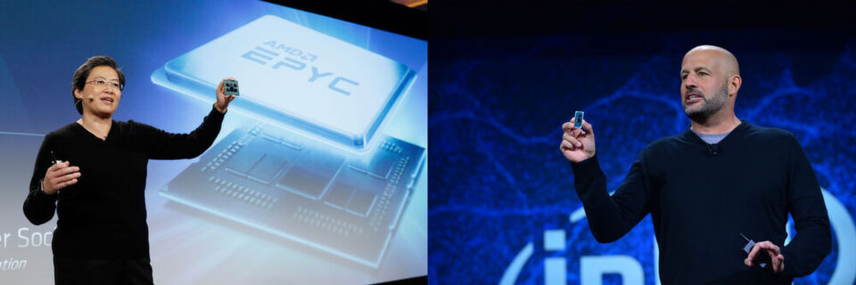 Lisa Su, CEO von AMD präsentiert die nächste Epyc-Generation, Gregory Bryant, Intel Senior Vice President in der Client Computing Group, zeigt den kommenden 10-Nanometer-Prozessor „Ice Lake“. Lisa Su, CEO von AMD präsentiert die nächste Epyc-Generation, Gregory Bryant, Intel Senior Vice President in der Client Computing Group, zeigt den kommenden 10-Nanometer-Prozessor „Ice Lake“.