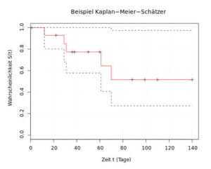 Weiteres Beispiel für einen Kaplan-Meier-Schätzer, diesmal mit genau bezeichneten Kenngrößen hinsichtlich Dauer (x-Achse) und Wahrscheinlichkeit (y-Achse). Weiteres Beispiel für einen Kaplan-Meier-Schätzer, diesmal mit genau bezeichneten Kenngrößen hinsichtlich Dauer (x-Achse) und Wahrscheinlichkeit (y-Achse).