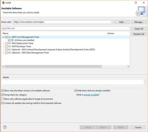 Über den Menüpunkt „Help \ Install New Software“ der Ecplise-IDE wird die AWS-Version sowie benötigte Komponenten eingestellt. Über den Menüpunkt „Help \ Install New Software“ der Ecplise-IDE wird die AWS-Version sowie benötigte Komponenten eingestellt.