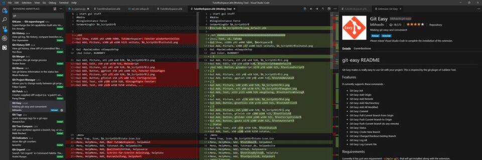 Visual Studio Code mit zwei Textbereichen, Add-on-Browser und -Details. Visual Studio Code mit zwei Textbereichen, Add-on-Browser und -Details.