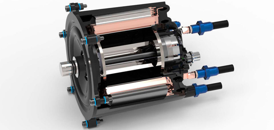 Schnittdarstellung des Elektromotors. Kernstück des Motors bildet ein Stator aus zwölf Einzelzähnen, die mit einem Flachdraht hochkant umwickelt sind. Schnittdarstellung des Elektromotors. Kernstück des Motors bildet ein Stator aus zwölf Einzelzähnen, die mit einem Flachdraht hochkant umwickelt sind.