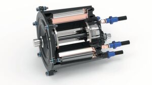 Schnittdarstellung des Elektromotors. Kernstück des Motors bildet ein Stator aus zwölf Einzelzähnen, die mit einem Flachdraht hochkant umwickelt sind. Schnittdarstellung des Elektromotors. Kernstück des Motors bildet ein Stator aus zwölf Einzelzähnen, die mit einem Flachdraht hochkant umwickelt sind.