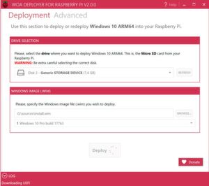Mit Hilfe des Installationstools „Windows-on-ARM (WoA)-Deployer“ können Sie innerhalb weniger Mausklicks eine Windows-Installation auf einer geeigneten microSD-Karte für das Raspberry Pi einrichten. Mit Hilfe des Installationstools „Windows-on-ARM (WoA)-Deployer“ können Sie innerhalb weniger Mausklicks eine Windows-Installation auf einer geeigneten microSD-Karte für das Raspberry Pi einrichten.