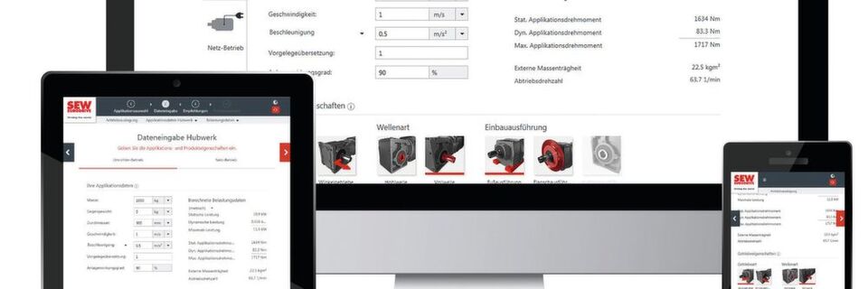 Die Antriebsauslegung erfolgt auf Basis weniger Eingabedaten und der Wahl der Applikation. Daraus generiert das Tool eine Empfehlung, welcher Getriebemotor passenden könnte. Die Antriebsauslegung erfolgt auf Basis weniger Eingabedaten und der Wahl der Applikation. Daraus generiert das Tool eine Empfehlung, welcher Getriebemotor passenden könnte.