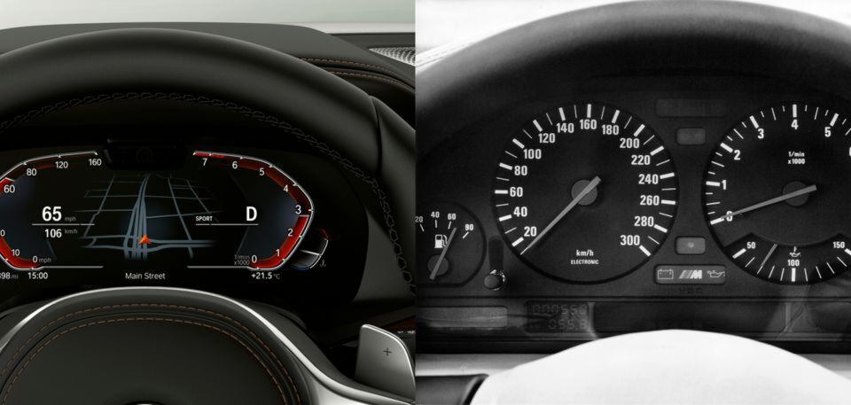 Instrumente im Wandel: Links das aktuelle "Operating System 7.0" im Sportmodus und rechts die Instrumente des E34 M5. Instrumente im Wandel: Links das aktuelle "Operating System 7.0" im Sportmodus und rechts die Instrumente des E34 M5.