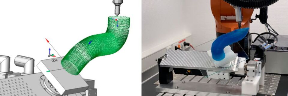 Links wird die Programmierung der Kontur mittels Slicer Software gezeigt, während rechts der Roboter das Teil in 8 Achsen druckt. Hierbei kommen alle 6 Roboterachsen sowie 2 Drehachsen zum Einsatz. Links wird die Programmierung der Kontur mittels Slicer Software gezeigt, während rechts der Roboter das Teil in 8 Achsen druckt. Hierbei kommen alle 6 Roboterachsen sowie 2 Drehachsen zum Einsatz.