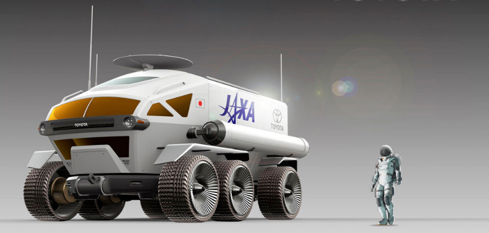 Das Rover-Mondfahrzeug von Toyota: mit Brennstoffzellentechnologie und 10.000 km Reichweite. Die Druckkabine bietet Platz für bis zu vier Astronauten. Das Rover-Mondfahrzeug von Toyota: mit Brennstoffzellentechnologie und 10.000 km Reichweite. Die Druckkabine bietet Platz für bis zu vier Astronauten.