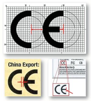 Bild 3: Bei der korrekten CE-Kennzeichnung (oben) ist der Abstand zwischen den beiden Buchstaben größer, und die Mittellinie des Buchstaben „e“ ist kürzer. Die beiden „China Export“-Kennzeichnungen darunter sind kaum von der echten CE-Kennzeichnung zu unterscheiden. Bild 3: Bei der korrekten CE-Kennzeichnung (oben) ist der Abstand zwischen den beiden Buchstaben größer, und die Mittellinie des Buchstaben „e“ ist kürzer. Die beiden „China Export“-Kennzeichnungen darunter sind kaum von der echten CE-Kennzeichnung zu unterscheiden.
