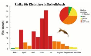 Risiko einer chronischen Schädigung wirbelloser Kleintiere (z.B. Bachflohkrebse) durch Pestizidmischungen im Eschelis-bach/TG vom März bis Oktober 2017. Eine Risikozahl von 1 bedeutet, dass die im Bach gemessenen Konzentrationen gleich hoch sind wie die Umweltqualitätskriterien. Bis zur doppelten Konzentration (Risikozahl 2) geht man noch von einem geringen Risiko aus, bis zur 10fachen von einem hohen und über der 10fachen Konzentration von einem sehr hohen Risiko. Risiko einer chronischen Schädigung wirbelloser Kleintiere (z.B. Bachflohkrebse) durch Pestizidmischungen im Eschelis-bach/TG vom März bis Oktober 2017. Eine Risikozahl von 1 bedeutet, dass die im Bach gemessenen Konzentrationen gleich hoch sind wie die Umweltqualitätskriterien. Bis zur doppelten Konzentration (Risikozahl 2) geht man noch von einem geringen Risiko aus, bis zur 10fachen von einem hohen und über der 10fachen Konzentration von einem sehr hohen Risiko.