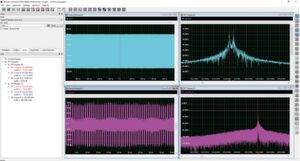 Bild 2: Wellenformen, aufgenommen mit zwei verschiedenen RKE-Sendern. Sender oben links nutzt Frequenzumtastung. Die FFT zeigt den doppelten Peak im Frequenzspektrum. Der Sender unten links nutzt Amplitudenumtastung und zeigt daher nur eine einzelne Spektrallinie in der FFT. Bild 2: Wellenformen, aufgenommen mit zwei verschiedenen RKE-Sendern. Sender oben links nutzt Frequenzumtastung. Die FFT zeigt den doppelten Peak im Frequenzspektrum. Der Sender unten links nutzt Amplitudenumtastung und zeigt daher nur eine einzelne Spektrallinie in der FFT.