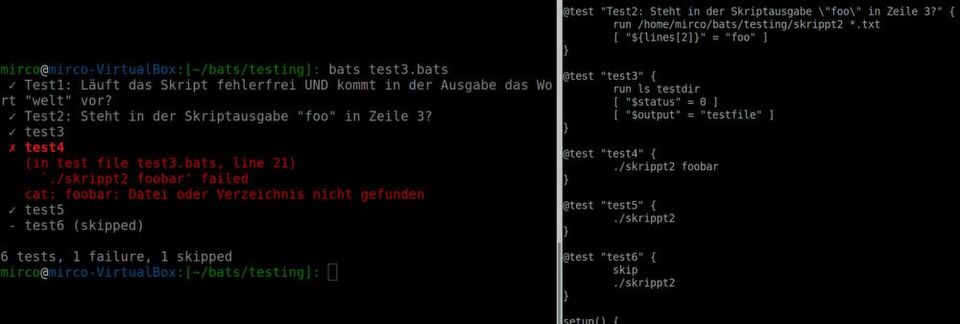 Ein simpler BATS-Testlauf mit einem nicht bestandenen Test. Ein simpler BATS-Testlauf mit einem nicht bestandenen Test.