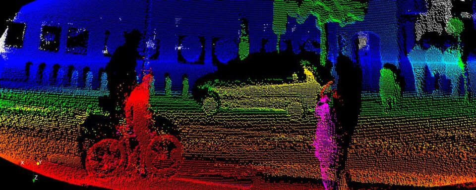 Die Welt, wie sie ein Lidar-Sensor darstellt. Die Welt, wie sie ein Lidar-Sensor darstellt.