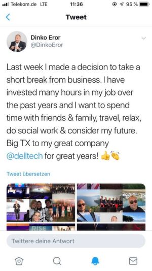 Per Tweet kündigt Dinko Eror an, dass er Dell verlässt und sich erst einmal seinem Privatleben widmen will. Per Tweet kündigt Dinko Eror an, dass er Dell verlässt und sich erst einmal seinem Privatleben widmen will.