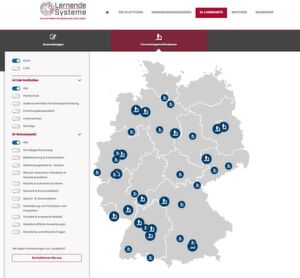 Die interaktive Landkarte der Plattform Lernende Systeme zeigt, an welchen Institutionen in Deutschland zu KI geforscht wird. Die interaktive Landkarte der Plattform Lernende Systeme zeigt, an welchen Institutionen in Deutschland zu KI geforscht wird.