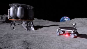 Eine Bildmontage der Moonrise-Technologie im Einsatz auf dem Mond. Links die Mondlandefähre Alina, rechts der Rover mit der Moonrise-Technologie – mit angeschaltetem Laser beim Aufschmelzen von Mondstaub. Eine Bildmontage der Moonrise-Technologie im Einsatz auf dem Mond. Links die Mondlandefähre Alina, rechts der Rover mit der Moonrise-Technologie – mit angeschaltetem Laser beim Aufschmelzen von Mondstaub.