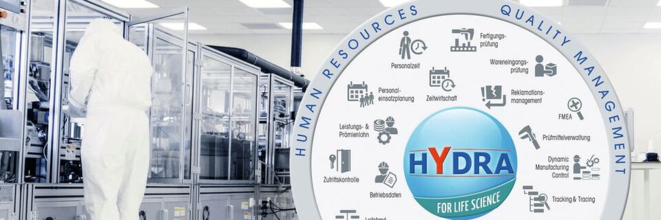 Hydra for Life Science bietet ein breites Feld an Standardfunktionen für regulierte Fertigungsunternehmen. Hydra for Life Science bietet ein breites Feld an Standardfunktionen für regulierte Fertigungsunternehmen.