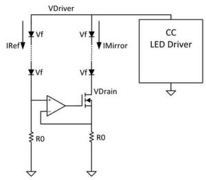 Bild 2: Stromausgleichsschaltung unter normalen Bedingungen (Vf ist die Vorwärtsspannung einer LED). Bild 2: Stromausgleichsschaltung unter normalen Bedingungen (Vf ist die Vorwärtsspannung einer LED).