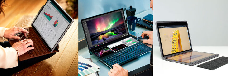 Während das HP-2-in-1-Tablet mit Leder-Hülle und das Asus-Notebook mit Zusatzdisplay über dem Keyboard in dieser Form auf den Markt kommen, ist das Dual-Display-Notebook von Intel eine reine Machbarkeitsstudie. Während das HP-2-in-1-Tablet mit Leder-Hülle und das Asus-Notebook mit Zusatzdisplay über dem Keyboard in dieser Form auf den Markt kommen, ist das Dual-Display-Notebook von Intel eine reine Machbarkeitsstudie.