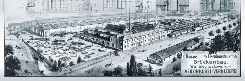Ein historischer Kupferstich zeigt das Werk der Siegener Verzinkerei Actiengesellschaft in Geisweid, Siegen im Jahre 1909. Im Hintergrund ist die Einmauerung des Verzinkungskessels dargestellt. Ein historischer Kupferstich zeigt das Werk der Siegener Verzinkerei Actiengesellschaft in Geisweid, Siegen im Jahre 1909. Im Hintergrund ist die Einmauerung des Verzinkungskessels dargestellt.