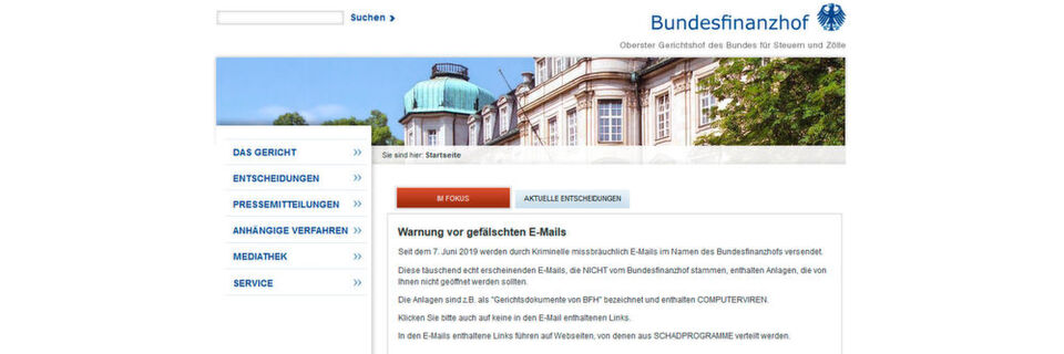 Der Bundesfinanzhof hat seine E-Mail-Infrastruktur nicht mit DMARC-Einträgen abgesichert. Das begünstigt eine aktuelle Angriffswelle mit Schad-E-Mails, die in seinem Namen versendet werden. Der Bundesfinanzhof hat seine E-Mail-Infrastruktur nicht mit DMARC-Einträgen abgesichert. Das begünstigt eine aktuelle Angriffswelle mit Schad-E-Mails, die in seinem Namen versendet werden.