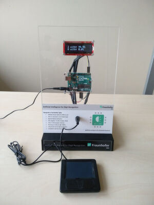 Die Artificial Intelligence for Embedded Systems – Aifes – liest die Sensorwerte eines Touchpads ein, führt die Ziffernerkennung durch und gibt das Resultat über das Display aus. Die Artificial Intelligence for Embedded Systems – Aifes – liest die Sensorwerte eines Touchpads ein, führt die Ziffernerkennung durch und gibt das Resultat über das Display aus.
