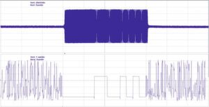 Bild 4: Phasendemodulation mit einem geeigneten Programm, das auf dem Host-Computer ausgeführt wird. Die demodulierte Wellenform ist nur in Anwesenheit des Trägers gültig. Bild 4: Phasendemodulation mit einem geeigneten Programm, das auf dem Host-Computer ausgeführt wird. Die demodulierte Wellenform ist nur in Anwesenheit des Trägers gültig.