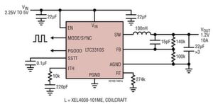 Bild 2: Kompletter Schaltplan des LTC3310S mit minimalen externen Komponenten. Bild 2: Kompletter Schaltplan des LTC3310S mit minimalen externen Komponenten.