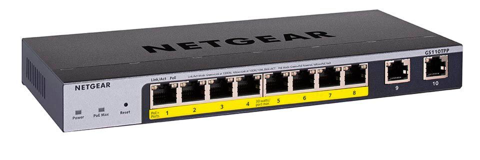 Über acht der zehn Ports des Netgear GS110TPP können PoE-Geräte mit Strom versorgt werden. Über acht der zehn Ports des Netgear GS110TPP können PoE-Geräte mit Strom versorgt werden.