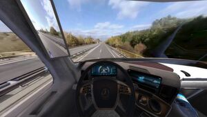 Blick in die 3D-Brille: Die Lkw-Fahrer sehen beim Test das virtuelle Cockpit des neuen Actros samt Fahrsituation. Blick in die 3D-Brille: Die Lkw-Fahrer sehen beim Test das virtuelle Cockpit des neuen Actros samt Fahrsituation.