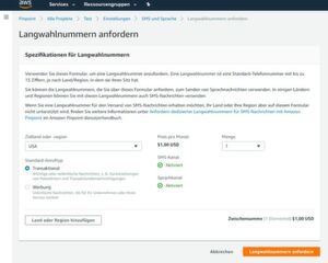 Für unsere Beispiel-App wählen wir als Zielland die USA und bei Standard-Anruftyp „Transaktional“. Für unsere Beispiel-App wählen wir als Zielland die USA und bei Standard-Anruftyp „Transaktional“.