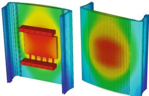 Bild 3: Thermische Simulation eines Gehäuseprofils mit Heatspreadern und Heatpipes. Bild 3: Thermische Simulation eines Gehäuseprofils mit Heatspreadern und Heatpipes.