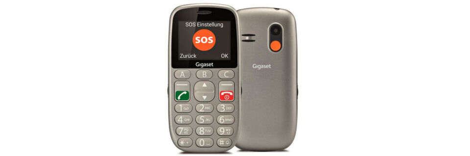 Das Senioren-Handy Gigaset GL390 in Titan-Silber. Das Senioren-Handy Gigaset GL390 in Titan-Silber.