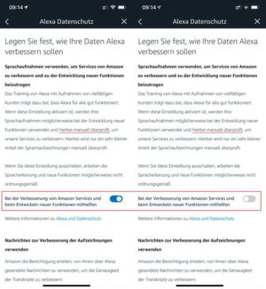 Seit kurzem weist Amazon in der Alexa-App im Bereich „Einstellungen / Alexa Datenschutz“ Nutzer erstmals ausdrücklich darauf hin, dass Amazon die Sprachaufnahmen „möglicherweise bei der Entwicklung neuer Funktionen verwendet und hierbei manuell überprüft, um unsere Services zu verbessern“. Seit kurzem weist Amazon in der Alexa-App im Bereich „Einstellungen / Alexa Datenschutz“ Nutzer erstmals ausdrücklich darauf hin, dass Amazon die Sprachaufnahmen „möglicherweise bei der Entwicklung neuer Funktionen verwendet und hierbei manuell überprüft, um unsere Services zu verbessern“.