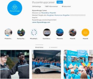 Seit 2016 gewährt der Industriekonzern Thyssenkrupp auf Instagram unmittelbaren Einblick in den Arbeitsalltag seiner Mitarbeiter. Seit 2016 gewährt der Industriekonzern Thyssenkrupp auf Instagram unmittelbaren Einblick in den Arbeitsalltag seiner Mitarbeiter.