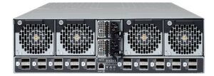 Die Rückseite des 3U-Gehäuses OpenFlex E3000 mit zwei 50-Gigabit-Ethernet-Ports pro Fabric-Device-Einschub. Die Rückseite des 3U-Gehäuses OpenFlex E3000 mit zwei 50-Gigabit-Ethernet-Ports pro Fabric-Device-Einschub.