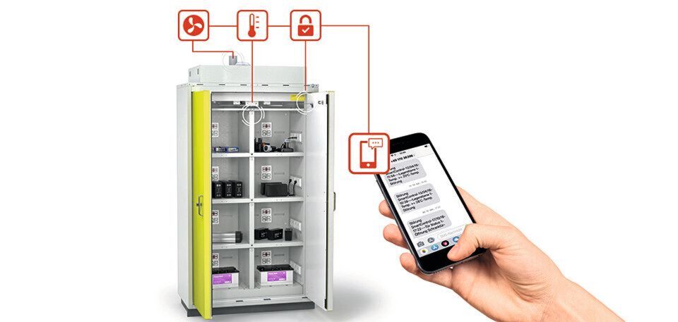 Die Sicherheitsschränke Battery line Typ 90 sind speziell für die hohen Anforderungen zur sicheren Lagerung von Lithium-Ionen-Batterien konstruiert. Die Sicherheitsschränke Battery line Typ 90 sind speziell für die hohen Anforderungen zur sicheren Lagerung von Lithium-Ionen-Batterien konstruiert.