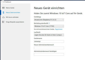 Die Installation von Windows 10 IoT Core auf einer SD-Karte erfolgt mit einem Assistenten. Die Installation von Windows 10 IoT Core auf einer SD-Karte erfolgt mit einem Assistenten.