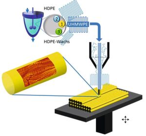 Mittels Katalysator werden unterschiedliche, unverzweigte PE-Ketten hergestellt (oben) und die in der 3D-Druckdüse entstehenden Faserstrukturen in der gewünschten Orientierung abgelegt. Mittels Katalysator werden unterschiedliche, unverzweigte PE-Ketten hergestellt (oben) und die in der 3D-Druckdüse entstehenden Faserstrukturen in der gewünschten Orientierung abgelegt.