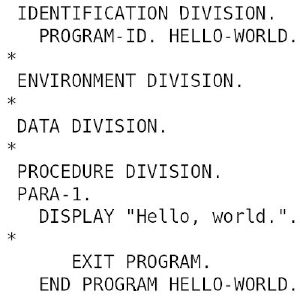Ein in COBOL verfasstes „Hallo Welt“-Programm: Die 60 Jahre alte Programmiersprache dominierte in den 1960er- und 1970er-Jahren die Software-Landschaft. Ihre Beständigkeit sorgt dafür, dass sie heute noch im Kern zahlreicher Anwendungen steckt – was problematisch ist. Nicht nur wird COBOL modernen Ansprüchen nicht mehr gerecht – COBOL-versierte Programmierer sterben regelrecht aus. Ein in COBOL verfasstes „Hallo Welt“-Programm: Die 60 Jahre alte Programmiersprache dominierte in den 1960er- und 1970er-Jahren die Software-Landschaft. Ihre Beständigkeit sorgt dafür, dass sie heute noch im Kern zahlreicher Anwendungen steckt – was problematisch ist. Nicht nur wird COBOL modernen Ansprüchen nicht mehr gerecht – COBOL-versierte Programmierer sterben regelrecht aus.
