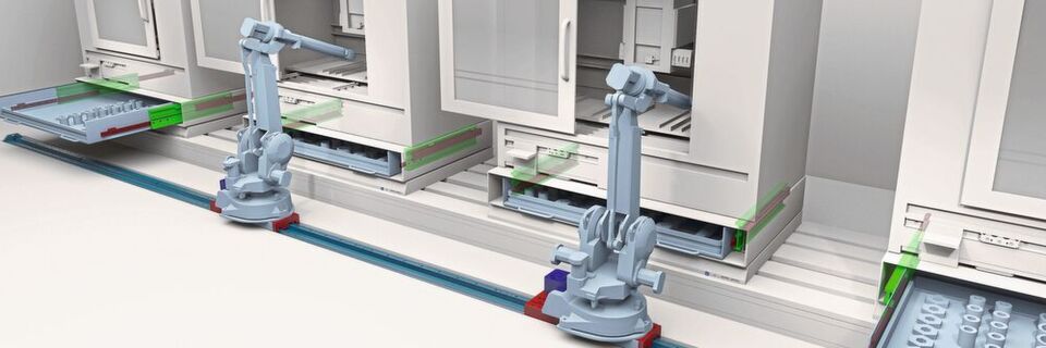 Beim Konzept der siebten Achse verfährt der komplette Roboter auf einer Linearachse und kann so Aufgaben an mehreren Orten übernehmen. Beim Konzept der siebten Achse verfährt der komplette Roboter auf einer Linearachse und kann so Aufgaben an mehreren Orten übernehmen.