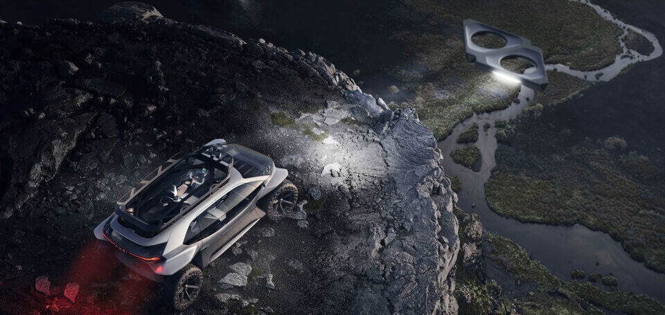 Statt eines konventionellen Abblend- und Fernlichts verfügt der Audi AI:TRAIL über insgesamt fünf rotorlose, dreieckige und elektrisch betriebene Drohnen mit integrierten Matrix-LED-Elementen. Diese sind imstande auf einem Dachträger oder direkt auf dem Fahrzeugdach zu landen und dort auch auf induktiven Ladeelementen anzudocken. Statt eines konventionellen Abblend- und Fernlichts verfügt der Audi AI:TRAIL über insgesamt fünf rotorlose, dreieckige und elektrisch betriebene Drohnen mit integrierten Matrix-LED-Elementen. Diese sind imstande auf einem Dachträger oder direkt auf dem Fahrzeugdach zu landen und dort auch auf induktiven Ladeelementen anzudocken.