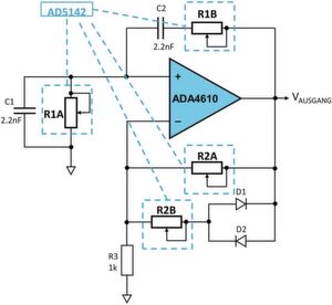 Bild 1: Programmierbarer Wien-Brücken-Oszillator mit Amplitudenstabilisierung – die Widerstände werden durch DigiPots ersetzt. Bild 1: Programmierbarer Wien-Brücken-Oszillator mit Amplitudenstabilisierung – die Widerstände werden durch DigiPots ersetzt.