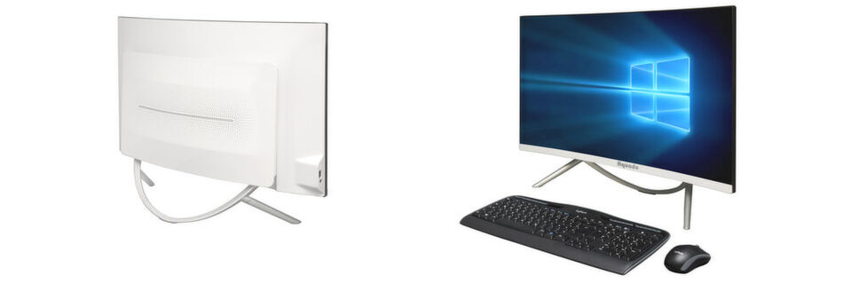 In dem geschwungenen Gehäuse, das Aquado für die All-In 27-Curved-Serie verwendet, findet eine zusätzliche PCI-Express-Grafikkarte Platz. Der Hersteller bietet den 27-Zoll-All-in-One-Rechner mit einer Geforce GTX 1650 oder einer Quadro P2000 an. In dem geschwungenen Gehäuse, das Aquado für die All-In 27-Curved-Serie verwendet, findet eine zusätzliche PCI-Express-Grafikkarte Platz. Der Hersteller bietet den 27-Zoll-All-in-One-Rechner mit einer Geforce GTX 1650 oder einer Quadro P2000 an.