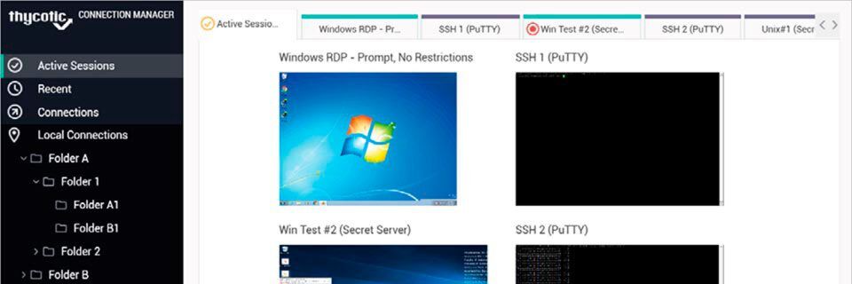Thycotics Connection Manager bietet ein zentrales Dashboard für die parallele Verwaltung verschiedener Remote-Sitzungen. Thycotics Connection Manager bietet ein zentrales Dashboard für die parallele Verwaltung verschiedener Remote-Sitzungen.