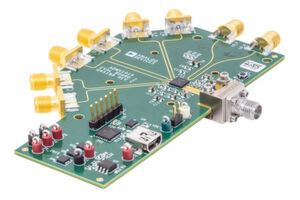 Bild 3: Mit 5 mm x 5 mm geringfügig kleiner ist das Gehäuse des ADMV1014, der hier mit seinem Evaluation Board abgebildet ist. Bild 3: Mit 5 mm x 5 mm geringfügig kleiner ist das Gehäuse des ADMV1014, der hier mit seinem Evaluation Board abgebildet ist.
